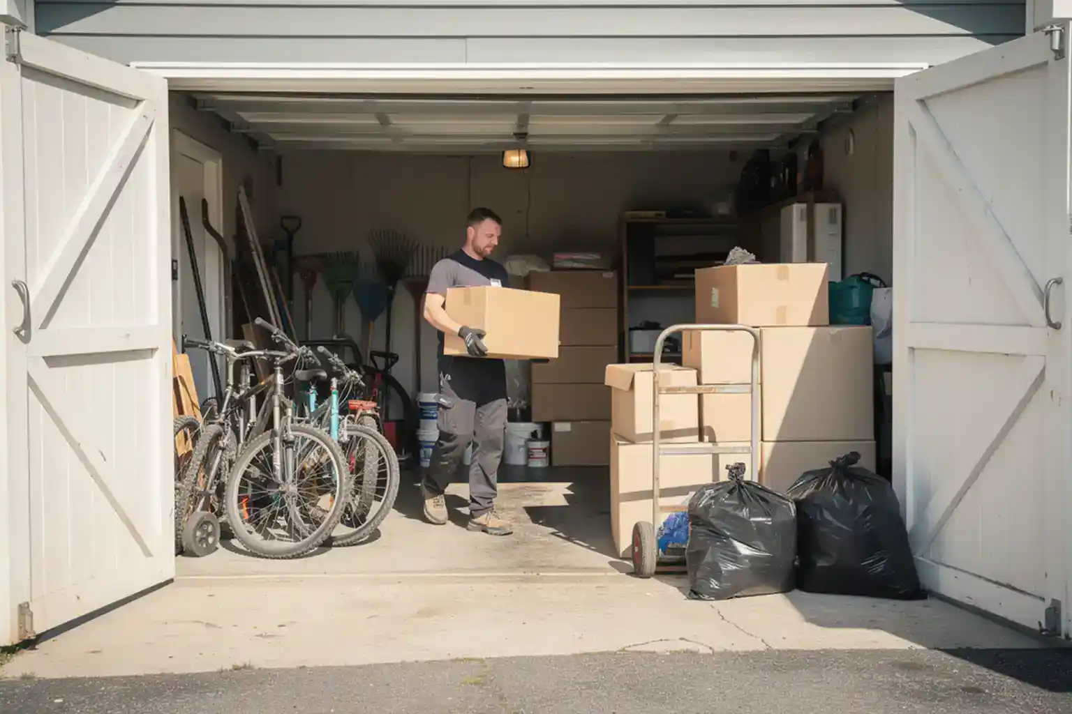 Offene Garage bei einer Entrümpelung: Mitarbeiter trägt einen Karton, daneben stehen Fahrräder, gestapelte Kartons, eine Sackkarre und schwarze Müllsäcke.