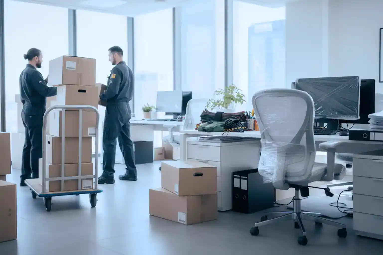 Helles Büro während einer Entrümpelung: Zwei Mitarbeiter verladen Kartons auf einen Rollwagen, im Raum stehen weitere Kisten, ein verpackter Bürostuhl und ein abgedeckter Monitor.