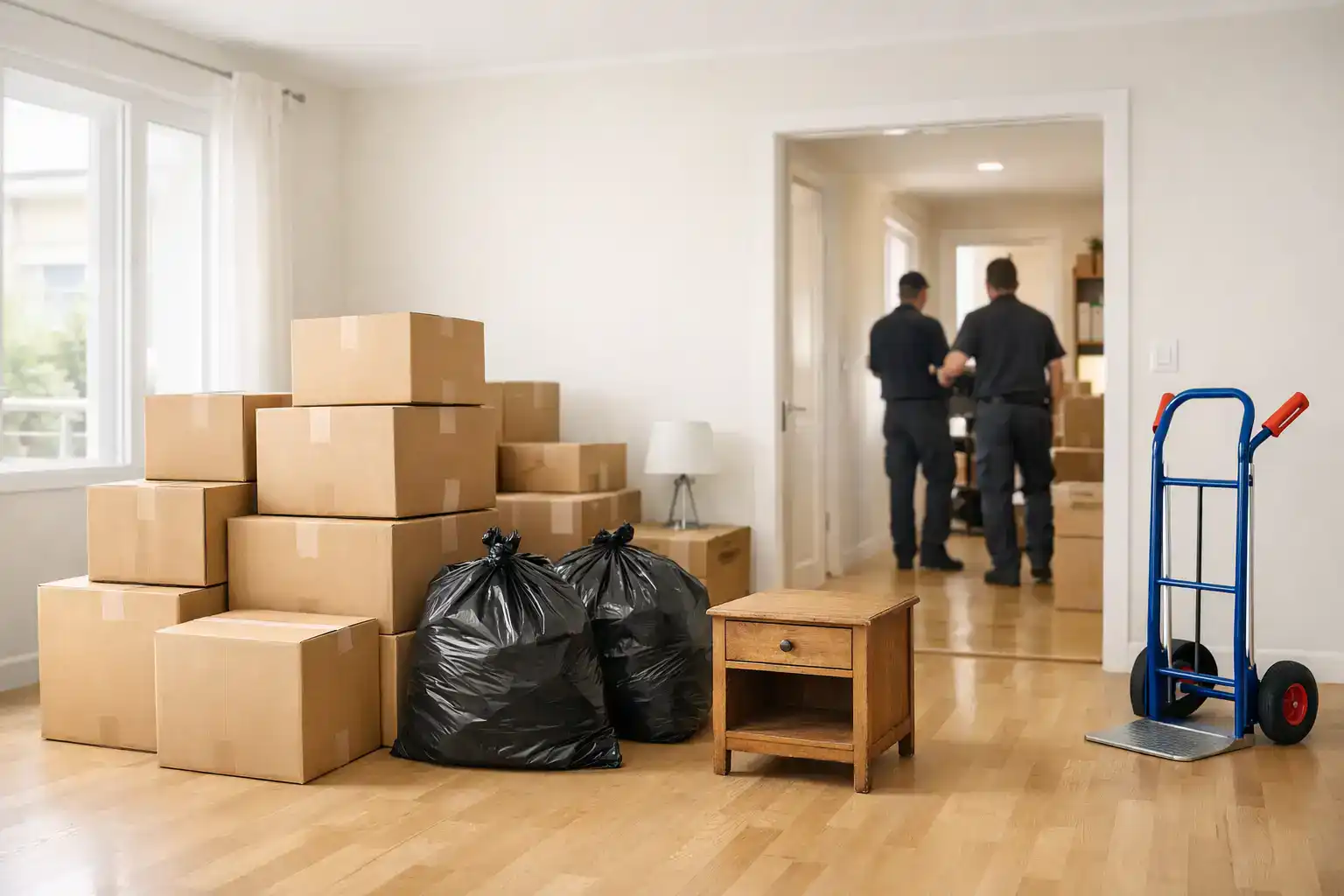Helle Wohnung während einer Entrümpelung mit gestapelten Kartons, schwarzen Müllsäcken, kleiner Kommode und einer Sackkarre; im Hintergrund arbeiten zwei Mitarbeiter.