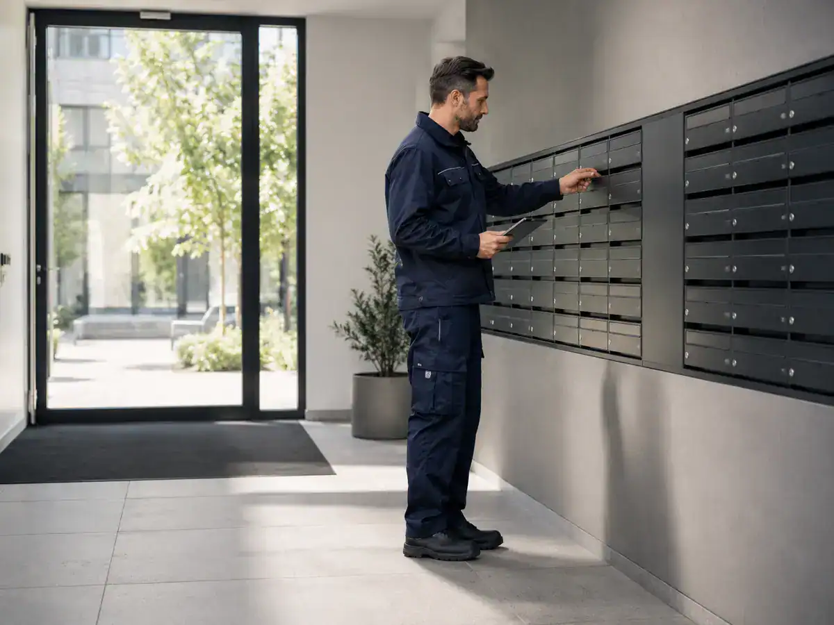 Mitarbeiter des Hausmeisterservices kontrolliert eine Briefkastenanlage im Eingangsbereich eines Mehrfamilienhauses.