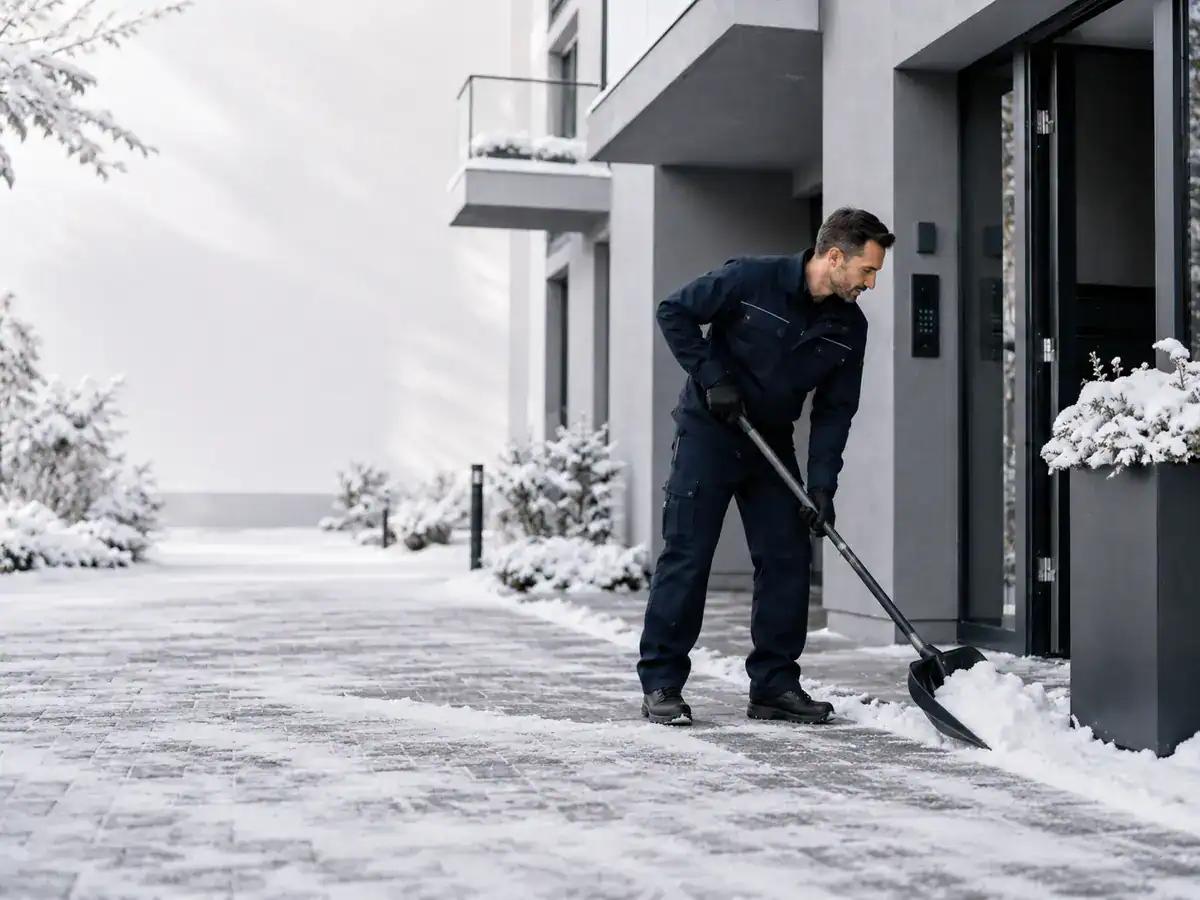 Mitarbeiter räumt Schnee vom Zugangsweg eines modernen Mehrfamilienhauses.